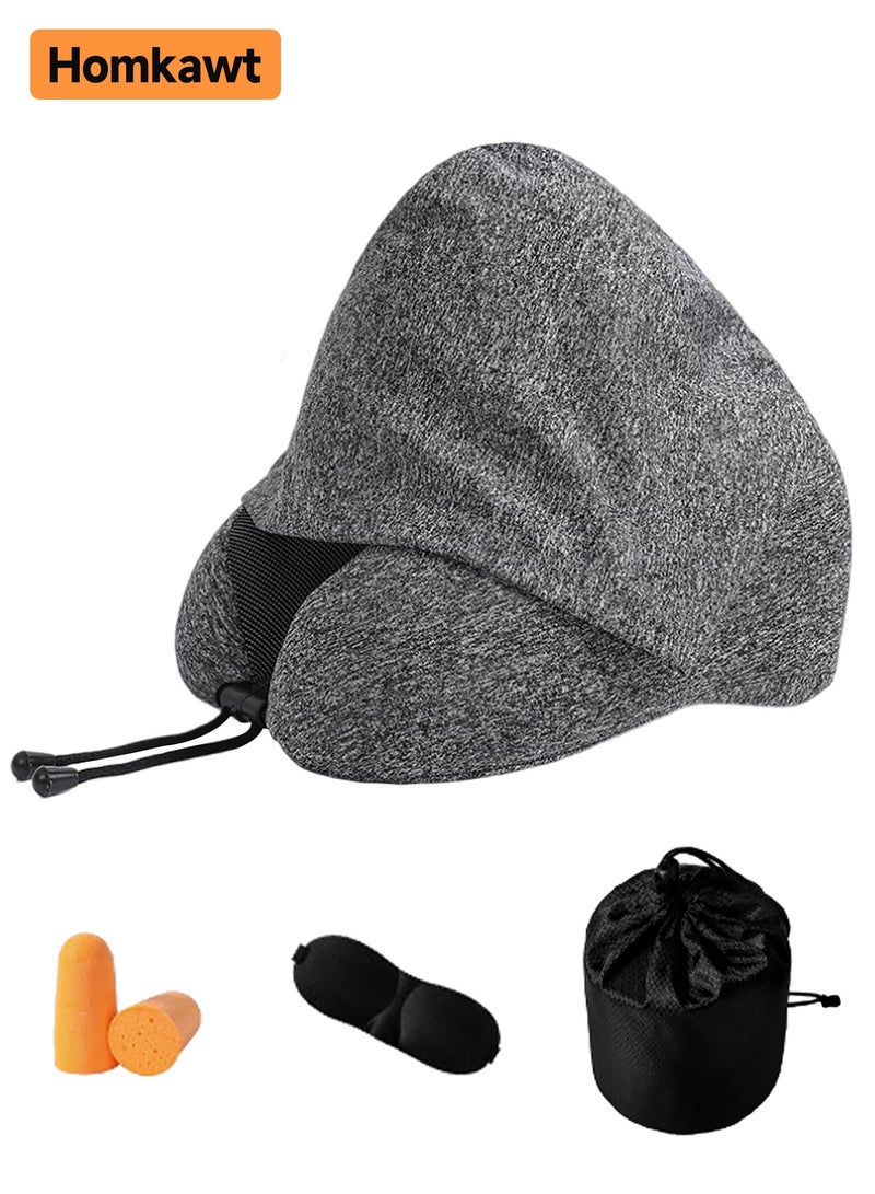 HomKawt Travel Pillow, Neck Pillow with Hood - Velvet Memory Foam for Adults, Head & Neck Support for Airplane, Car, Office Sleeping & Long Flights (Gray) - Image 1